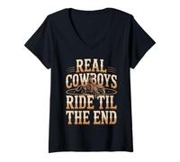 Women's Real Cowboys Ride Til The End V-Neck T-Shirt