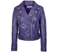 Womens Real Leather Biker Cross Zip Fashion Jacket Slim Fit Style Remi (10, Purple)