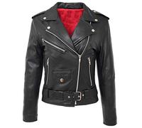 Womens Real Leather Biker Jacket Brando Cross Zip Style Holly Black (20)