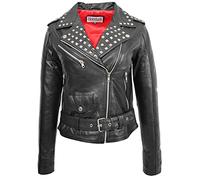 Womens Real Leather Biker Jacket Classic Brando Studded Collar Salma Black (12)
