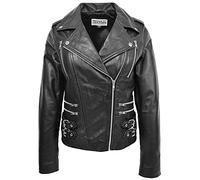 Womens Real Leather Biker Jacket Cross Zip Casual Style Cara (12, Black)