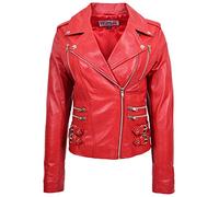 Womens Real Leather Biker Jacket Cross Zip Casual Style Cara (18, Red)