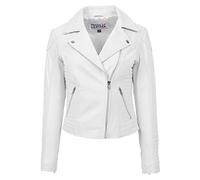 Womens Real Leather Biker Jacket Cross Zip Slim Fit Style Anna (14, White)