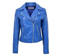 Womens Real Leather Biker Jacket Cross Zip Slim Fit Style Anna (16, Blue)
