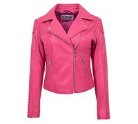 Womens Real Leather Biker Jacket Cross Zip Slim Fit Style Anna (16, Pink)