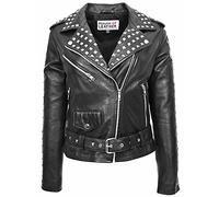 Womens Real Leather Biker Jacket Studded Brando Jacket Heidi Black