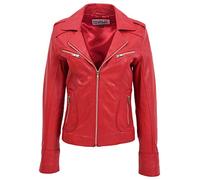 Womens Real Leather Biker Jacket Zipped Casual Style Kim (14, Red)