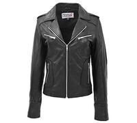 Womens Real Leather Biker Jacket Zipped Casual Style Kim (20, Black)
