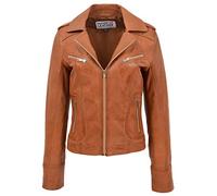 Womens Real Leather Biker Jacket Zipped Casual Style Kim (8, Tan)