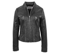Womens Real Leather Biker Style Jacket Classic Standing Collar Ivy (8, Black)
