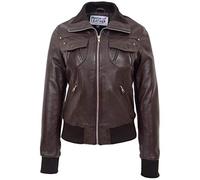 Womens Real Leather Bomber Jacket Slim Fit Blouson Motto (10, Brown)