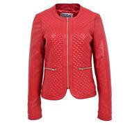 Womens Real Leather Collarless Jacket Quilted Design Joan (14, Red)