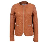 Womens Real Leather Collarless Jacket Quilted Design Joan (14, Tan)
