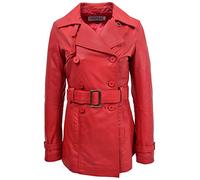 Womens Real Leather Double Breasted Mid Length Trench Coat Sienna (14, Red)