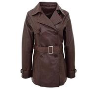 Womens Real Leather Double Breasted Mid Length Trench Coat Sienna (16, Brown)