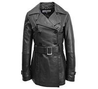 Womens Real Leather Double Breasted Mid Length Trench Coat Sienna (18, Black)