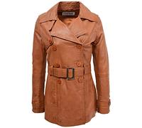 Womens Real Leather Double Breasted Mid Length Trench Coat Sienna (20, Tan)