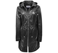 Womens Real Leather Hooded Parka Coat 3/4 Length Style Tyra Black 14