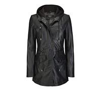 Womens Real Leather Parker Coat 3/4 Hooded Safari Duffle Jacket Black Soft - Black XXL