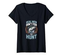 Womens Real Men Don’t Fish They Hunt Funny Bass Fishing Humor V-Neck T-Shirt