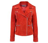 House Of Leather Womens Real Suede Biker Jacket Cross Zip Fastening Style Skylar (16, Red)