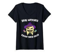 Women's Real Witches Brush Their Teeth Monster Tooth Halloween V-Neck T-Shirt