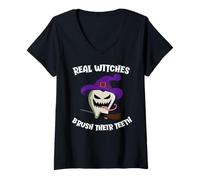 Women's Real Witches Brush Their Teeth Monster Tooth Halloween V-Neck T-Shirt