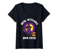 Womens Real Witches Ride Stick Funny Black Cat Halloween V-Neck T-Shirt