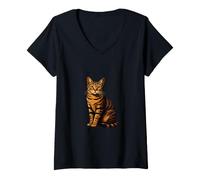 Women's Realistic Sitting Tabby Cat Brown Black Striped V-Neck T-Shirt