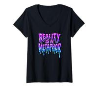 Women's Reality is A Metaphor Melting Text Trippy Streetwear V-Neck T-Shirt