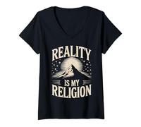 Womens Reality is My Religion Mountain Sunset Design V-Neck T-Shirt