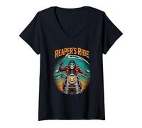 Womens Reaper’s Ride Skeleton Biker Scythe Halloween Jack-o-Lantern V-Neck T-Shirt