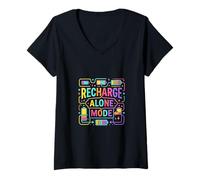 Women's Recharge Alone Mode Introvert Energy Aesthetic V-Neck T-Shirt