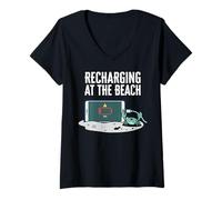 Women's Recharging At The Beach Low Battery Crab Phone V-Neck T-Shirt