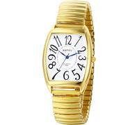 Women's rectangular watch with rounded edges - white dial - black numerals - elastic strap that naturally hugs the wrist without the need for adjustment or clasp., Yellow Gold, Stylish