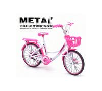 (Women's red) Alloy road double handle folding bicycle 1/8 model mini bicycle children's toy car collection ornaments