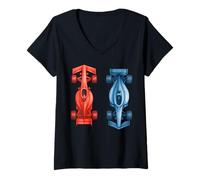 Womens Red and Blue Race Cars Top View Motorsport V-Neck T-Shirt