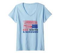 Womens Red and Screwed Distressed American Flag Political V-Neck T-Shirt