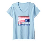 Womens Red and Screwed Distressed American Flag Political V-Neck T-Shirt