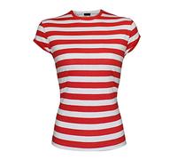 Womens Red and White Striped Shirt Top Ladies Crew Neck Fitted Shirt Fancy Dress Cap Sleeve Book Week T Shirt Tee Top Stretched Cotton Shirt Plus Size UK 8-22
