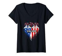 Women's Red Blue White 4th of July US Flag Hearts Cute Cockatiels V-Neck T-Shirt
