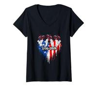 Women's Red Blue White 4th of July US Flag Hearts Cute Macaws V-Neck T-Shirt