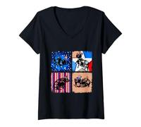 Womens Red Blue White Floral Group Pigs 4th Of July US Flag Farmer V-Neck T-Shirt