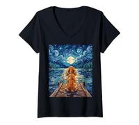 Women's Red Cocker Spaniel On a Lakeside Dock Outdoors Artwork V-Neck T-Shirt