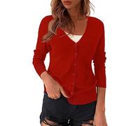 Women's Red Cotton Cardigan Women's Short Summer Leisure Jacket V-Neck Elegant Lightweight Cardigans Fashionable Knitted Sweater Soft Long Sleeve Large Sizes Loose Cardigan, red, XL