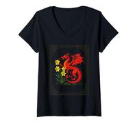 Women's Red Dragon and Daffodils with Decorative Border V-Neck T-Shirt