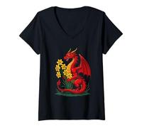 Women's Red Dragon Collecting Daffodils V-Neck T-Shirt