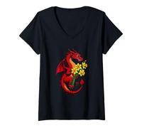 Women's Red Dragon Holding A Bouquet of Daffodils 2 V-Neck T-Shirt