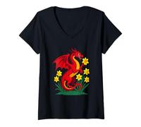 Women's Red Dragon Holding A Daffodil V-Neck T-Shirt