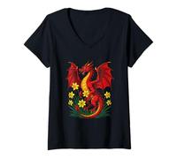 Women's Red Dragon Stood Amongst Daffodils V-Neck T-Shirt